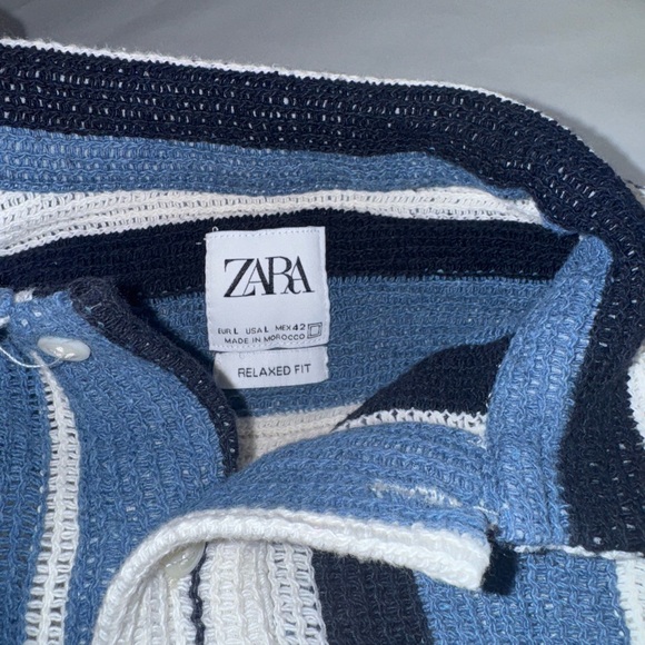 Zara Men's Polo with Blue, Black, and White Stripes - Picture 2 of 2